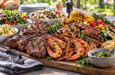 BBQ catering in Sydney with grilled meats, prawns, vegetables and fresh salads by Pinnacle Catering