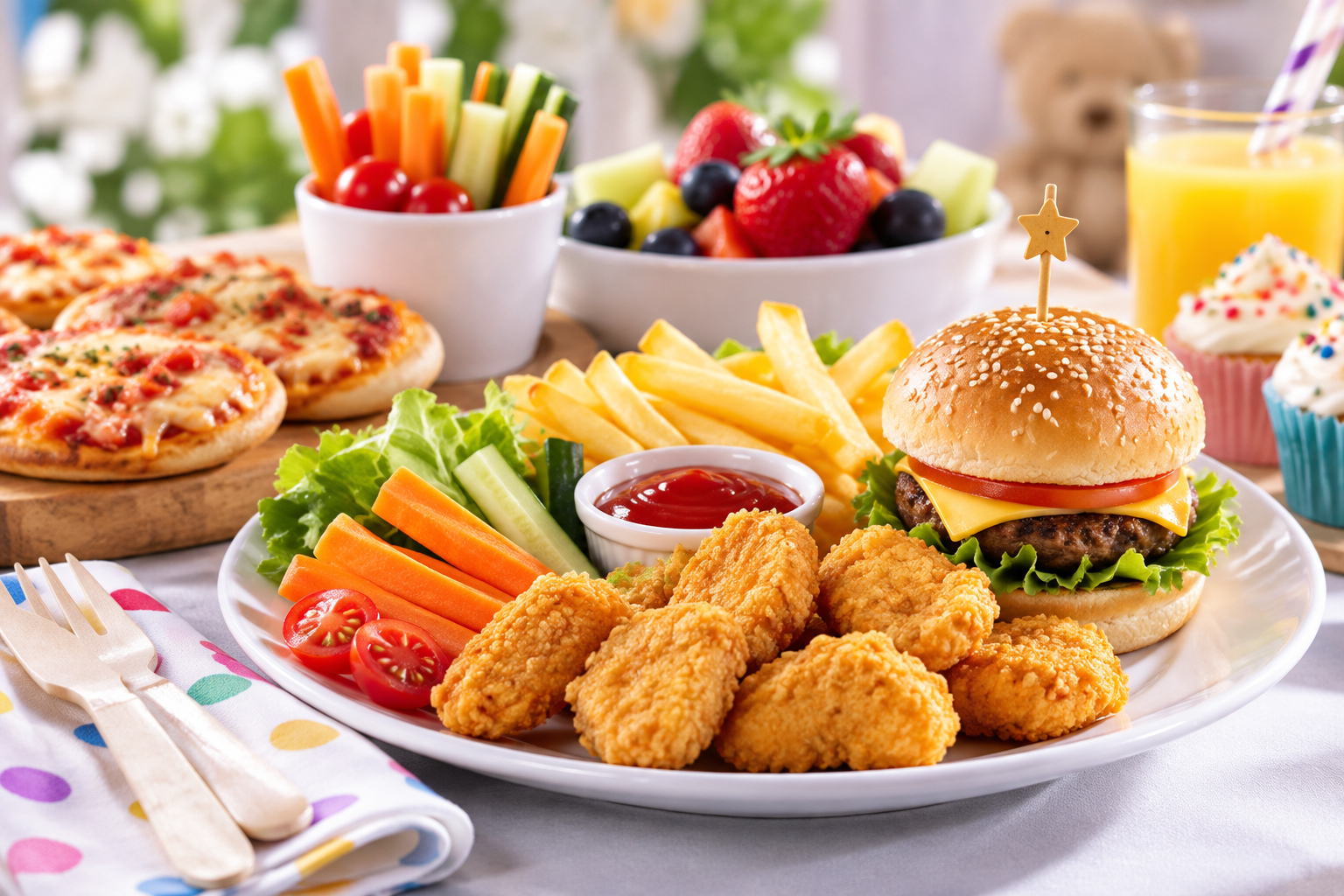 Children’s party food selection with mini burger, nuggets, pizza, fresh fruit and cupcakes by Pinnacle Catering Sydney