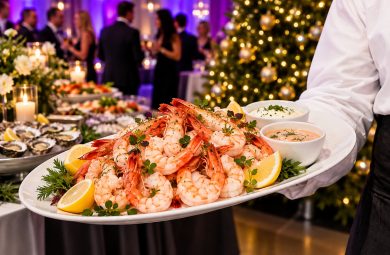 Christmas buffet catering in Sydney with fresh prawns and festive event styling by Pinnacle Catering