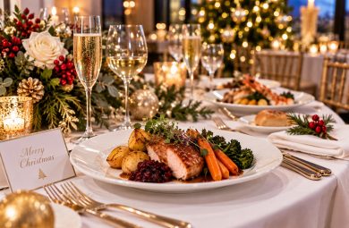 Christmas dining catering in Sydney with an elegant festive table and plated Christmas meal by Pinnacle Catering