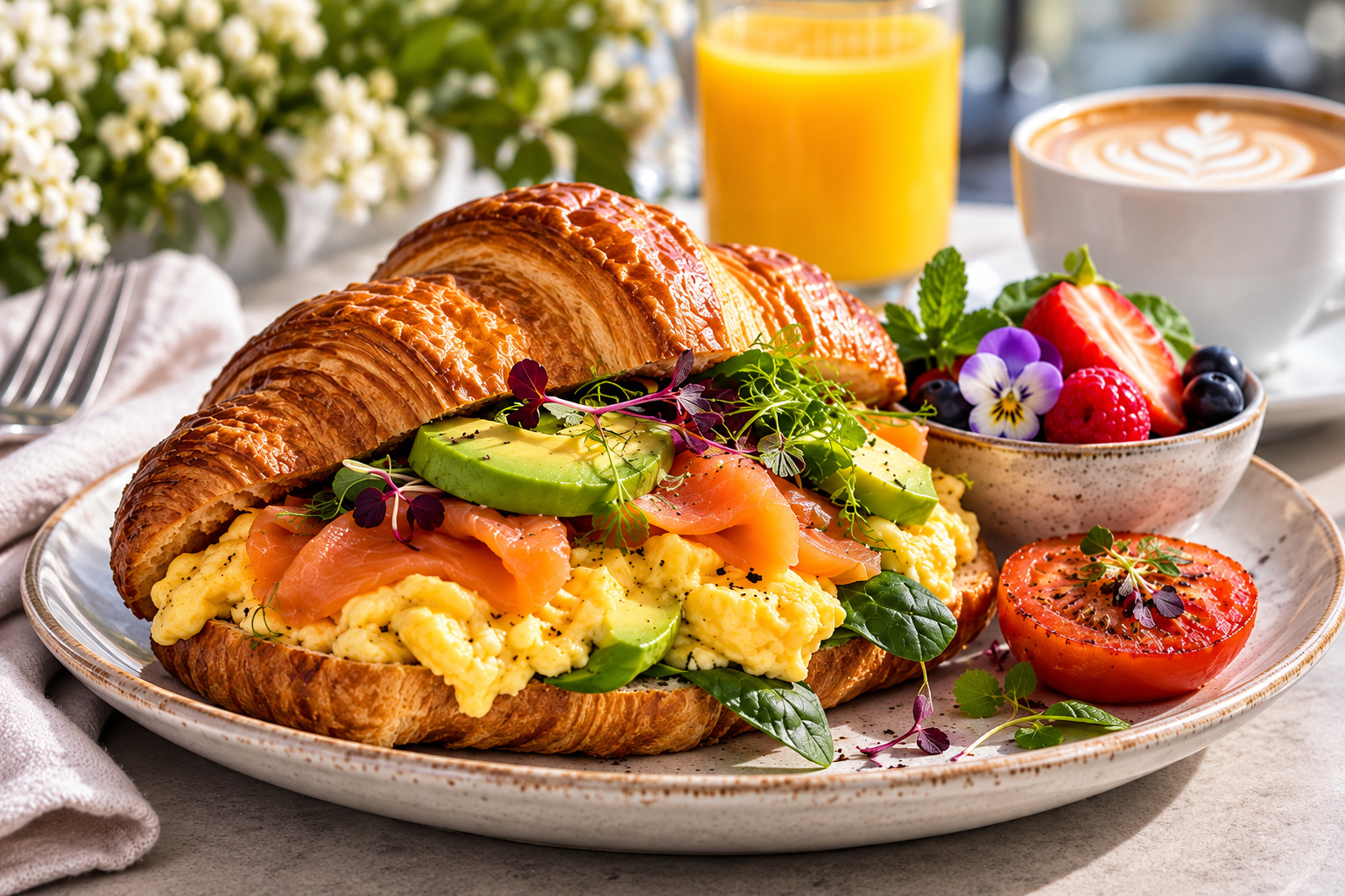Breakfast and brunch catering in Sydney with croissant, smoked salmon, eggs and avocado