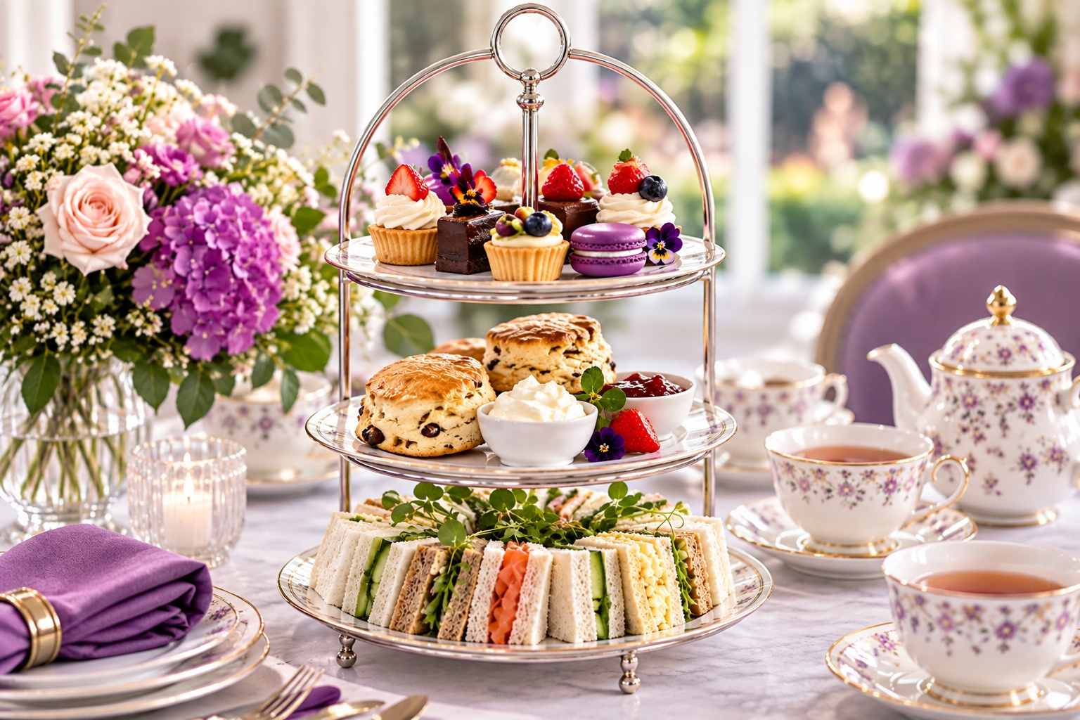 Pinnacle Catering waiter presenting a silver tray of finger sandwiches and savoury High Tea selections in Sydney.