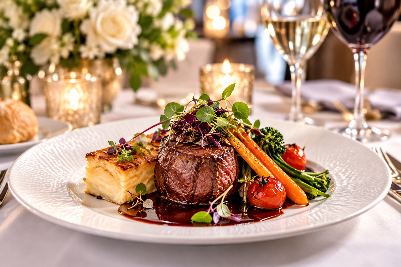 Beef fillet with potato gratin and seasonal vegetables by Pinnacle Catering Sydney