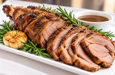 Spit roast lamb served on a white platter by Pinnacle Catering Sydney