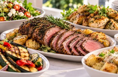 Classic buffet with sliced roast beef, herb-roasted chicken, potatoes, grilled vegetables and fresh salad