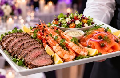 Cold buffet platter with roast beef, Australian prawns, smoked salmon and fresh salad