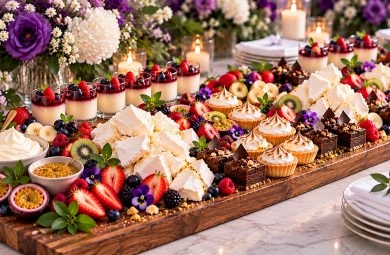 Dessert grazing board with deconstructed pavlova, panna cotta, chocolate desserts, fresh berries and passionfruit