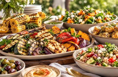 Vegetarian BBQ with grilled halloumi, vegetables, corn, roasted potatoes and fresh salads
